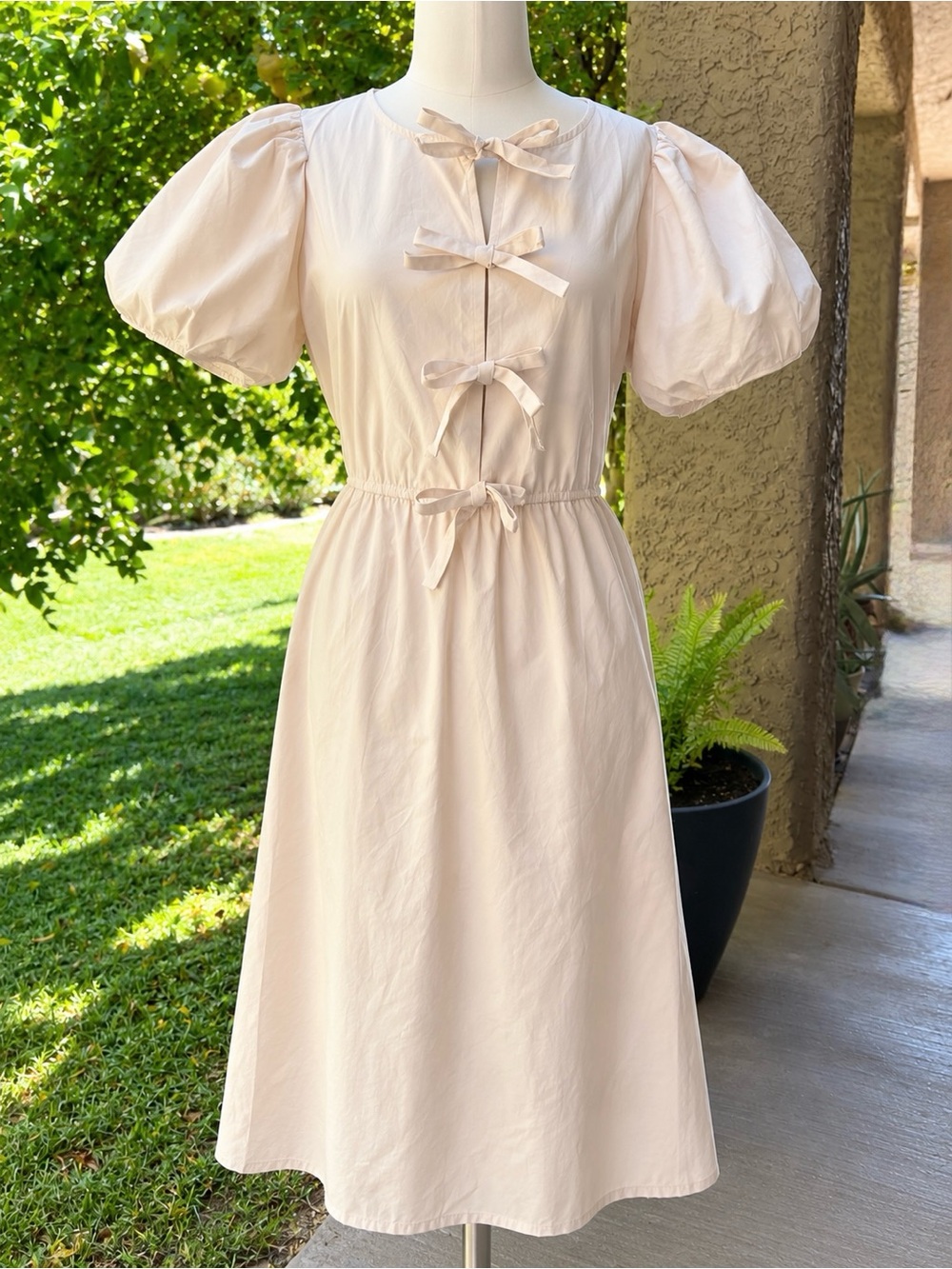 Women's Light Pink Midi Dress with Puff Sleeves and Ribbon Ties